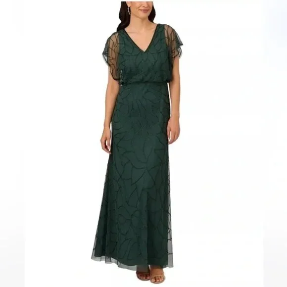 Adrianna Papell Women's Beaded Blouson Dolman-Sleeve Gown - Dusty Emerald - Size 8 Adrianna Papell Women's Beaded Blouson Dolman-Sleeve Gown - Dusty Emerald - Size 8